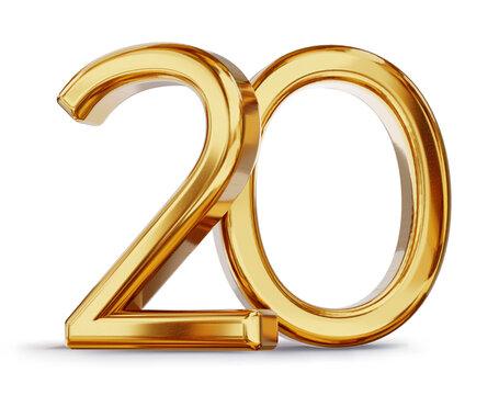 symbol 20 twenty gold metallic colored, isolated, 3d-illustration