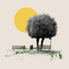 Contemporary art collage. Creative design in retro style. City park view. Two benches standing on...