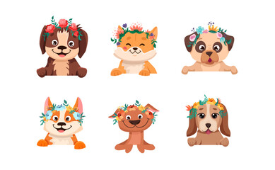 Naklejka premium Cute dogs wearing flower crown. Puppy portrait set. Vector cartoon illustrations for nursery design, birthday greeting cards, baby shower posters and children print textile.