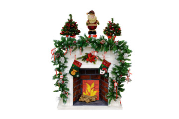 fireplace mockup with Christmas decorations and toy Santa Claus isolated on white background