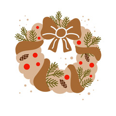 Cartoon Christmas wreath on a white background. Vector illustration. Christmas composition for postcard, card, flyer, advent calendar