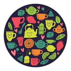 Round illustration of a collection of tea party tableware, hand-drawn in the style of a doodle.