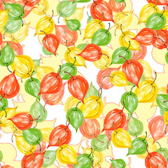 watercolor physalis seamless pattern. autumn berry illustration. botanical background. Seamless pattern with hand drawn watercolor physalis. Autumn pattern.pepper, bell pepper, tomato. Abstract art 
