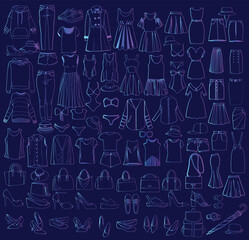 Set of  Female Vector hand drawn  fashion clothes and accessories doodle style. Perfect for card, posters, banners, textile prints, cover, web design. 