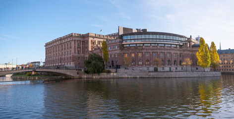 Fototapeta premium Governmental house Riksdagen and the canal Stallkanalen a sunny autumn day in Stockholm