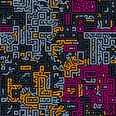 Vector seamless pattern, abstraction and goosebumps, colored geometry, labyrinths, passages, illusion and spreading, particles and worms.