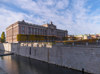 Governmental house Riksdagen and the canal Stallkanalen a sunny autumn day in Stockholm