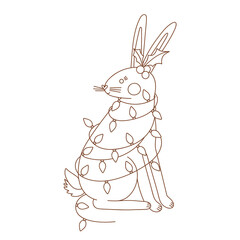 Coloring page outline of Christmas rabbit. 2023 is the year of the rabbit. Outlined hare with decorative garland. Coloring vector book antistress for adult and kids.