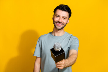 Photo of positive cheerful man trendy outfit communicate famous popular artist singer blogger...