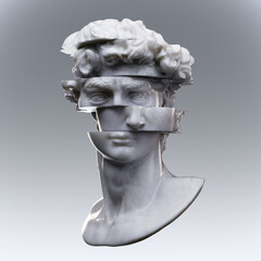 Abstract digital illustration from 3D rendering of white marble classical bust sliced in multiple dislocated pieces and isolated on grey background.