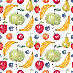 Seamless pattern with apples, bananas and berries on a white background. Watercolor illustration. Print on fabric and wrapping paper. Wallpaper. Fruit. Natural. Bright. Art. Design. Brush. Handmade.