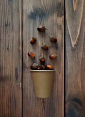 Scattered acorns, paper cup on wooden background, top view, flat lay.