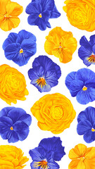 Vertical floral background for posts in social networks, wallpaper for phone, case design, background for advertising, banner. Yellow and blue flowers on white background.  Pansies, ranunculus.