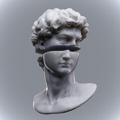 Abstract digital illustration from 3D rendering of male bust head of white marble sliced in two and isolated on light grey background.