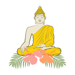 Obraz premium Tropical branches , flowers and meditative Buddha