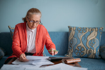 Portrait of a retired woman with utility bills at her laptop at home.