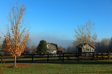 Autumn foggy day in november eastern township Bromont  Quebec Canada