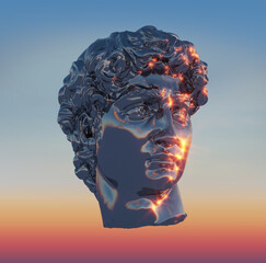 Abstract illustration from 3D rendering illustration of classical male head made of chrome reflecting metal and isolated on sunset gradient sky background.
