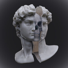 Abstract anatomic concept illustration from 3d rendering of a marble classical head bust sliced open in two showing a skull inside and isolated on dark background.