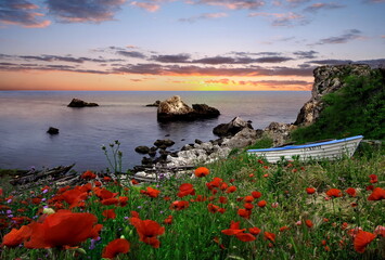 Red poppies on the beach Black sea and white boat at Sunrise © Цветан Вълчев