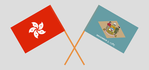 Crossed flags of Hong Kong and The State of Delaware. Official colors. Correct proportion