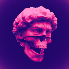 Abstract digital illustration from 3D rendering of a classical white marble upper head cut and screaming skull lower part, isolated on background in colorful vaporwave style.
