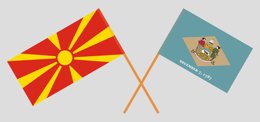 Crossed flags of North Macedonia and The State of Delaware. Official colors. Correct proportion