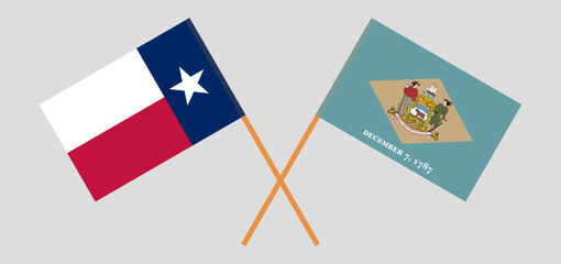 Crossed flags of The State of Texas and The State of Delaware. Official colors. Correct proportion