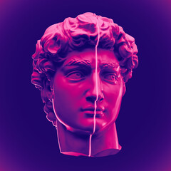 Abstract illustration from 3D rendering of a white marble male classical sculpture head sliced cut in two halves and isolated on dark background in vaporwave style colors.