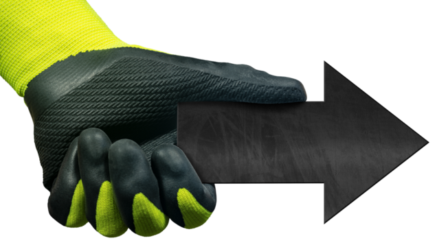 Manual worker with protective work gloves holding an empty black directional sign with copy space (arrow shaped blackboard), isolated on white or transparent background, png.