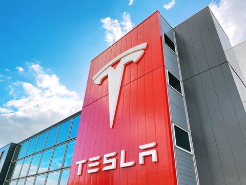 Tesla logo on building of the branch in Amsterdam, Netherlands	
