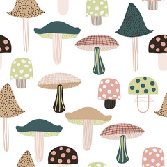 Seamless pattern with funny cartoon mushrooms. Autumn forest print. Vector hand drawn illustration. - 543464726