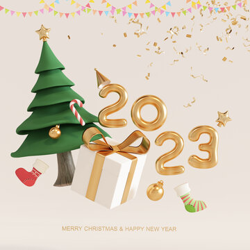 Gift boxes and Christmas trees Floating paper with new year numbers 2023, 3D Render