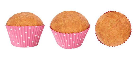 A set of muffins cakes in pink shape for baking from different angles front, side, top, 3d render