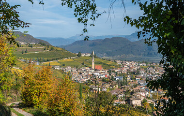 Naklejka premium Tramin Village (Termeno) along the wine route. Tramin is the wine-growing village of the South Tyrol - province of Bolzano - northern Italy - view of the countryside in autumn - Vineyards in autumn