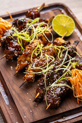 shish kebab on skewers of chicken beef lamb on a wooden board