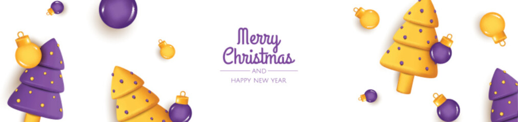 Merry Christmas and Happy New Year. Christmas background design, Christmas trees, decorative balls, gift. Festive gift card, holiday poster, web banner, website header.