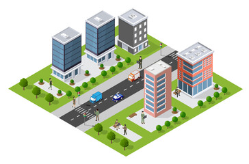 An isometric 3D illustration of a city urban scene