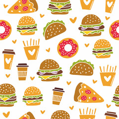 Vector pattern of fast food hand-drawn line in the style of a doodle	
