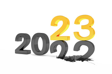 3d render of the numbers 2022 and 23 in black and gold over white background.