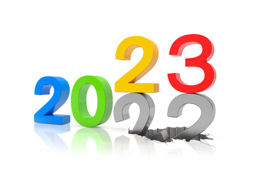3d render of the numbers 2022 and 23 in colorful over white reflecting background.
