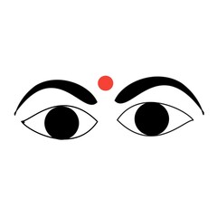 Illustration of two human eyes with eyebrows and red sticker on white background