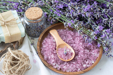 lavender sea salt, handmade spa soap and lavender flowers