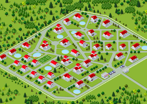 An isometric 3D illustration view of a cottage townhouse