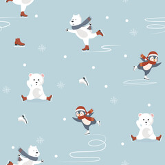 White bears and penguins do ice skating and smiling seamless pattern