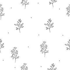 Pattern of different grass, viburnum, mountain ash outline. Vector