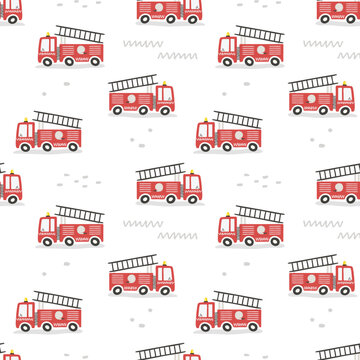 Seamless pattern with cute cartoon fire engines. Flat style.