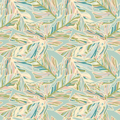 Creative tropical leaves seamless pattern in sketch style. Palm leaf endless floral background.