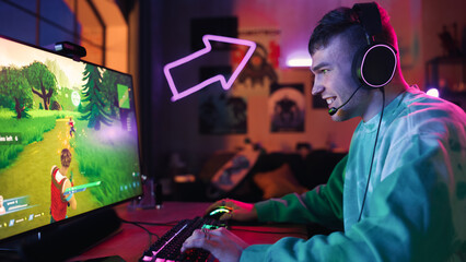 Professional eSports Athlete Plays 3D Shooter Video Game with a Lot of Action and Fun on His Powerful Personal Computer at Home. Cyber Gaming in Stylish Retro Neon Room. Real Gameplay. © Gorodenkoff