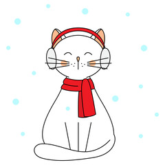 Cute cartoon cat in warm winter clothes. Dressed in headphones and a scarf. Charming animals. Vector illustration
